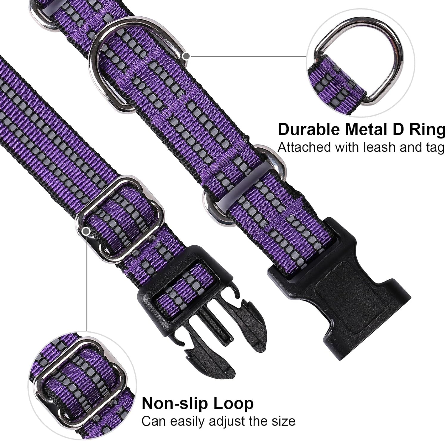 Martingale Dog Collar, Adjustable Nylon Reflective Collar with Quick Release Buckle, No Pull Dog Training Collars for Small Medium Large Dogs (Purple S)